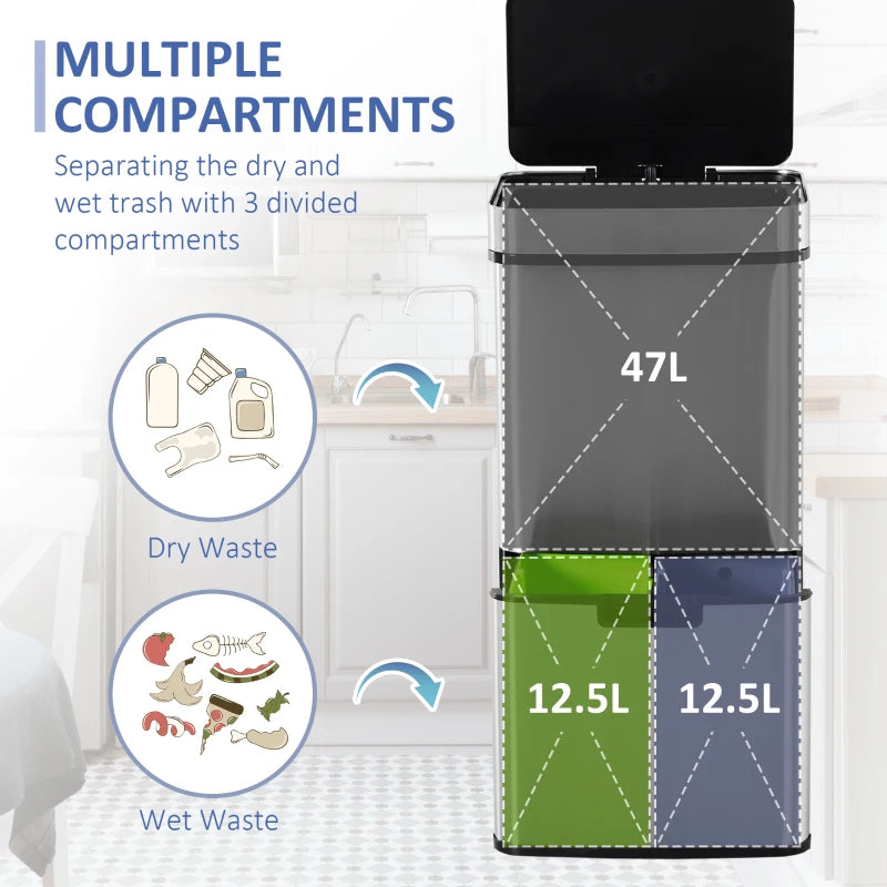 72L Stainless Steel Recycling Sensor Bin - 3 Compartments for Wet/Dry Waste, Removable Lid - Ideal Kitchen Home Solution