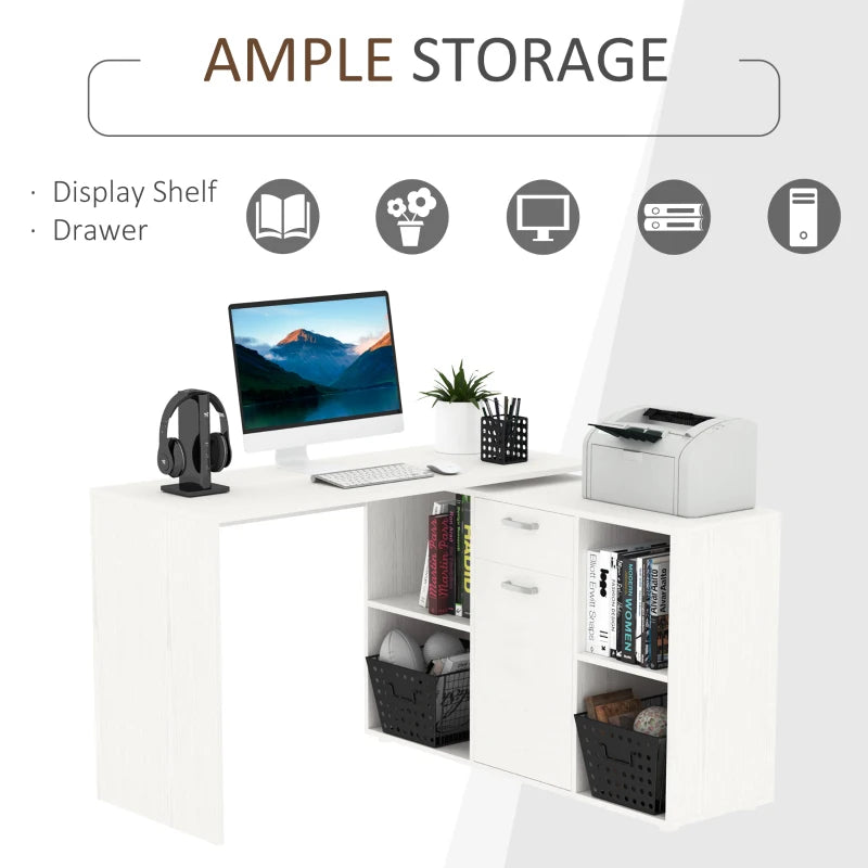 L-Shaped White Computer Desk with Storage, Drawer & Cabinet - Corner Laptop PC Workstation for Home Office, 120x115x76cm