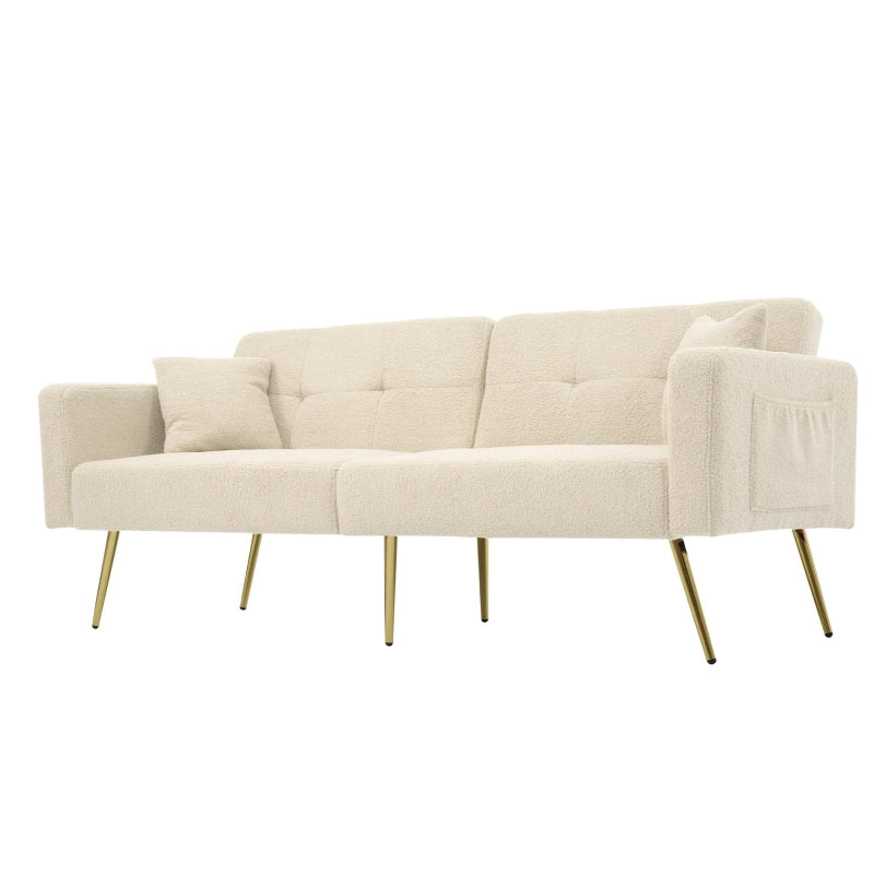 Elegant Beige Convertible Sofa Bed with Adjustable Backrest and Side Pockets, Perfect Loveseat for Bedroom, 176L x 64W x 75H cm