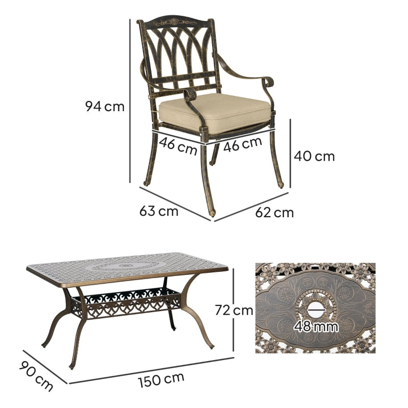 7-Piece Bronze Tone Cast Aluminium Garden Dining Set - Outdoor Furniture, Large Size