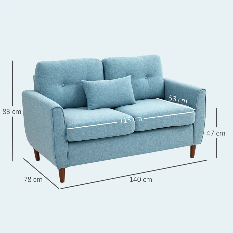 Modern 2 Seater Fabric Sofa with Spring Cushions and Wooden Legs, Tufted Love Seat for Living Room, Light Blue