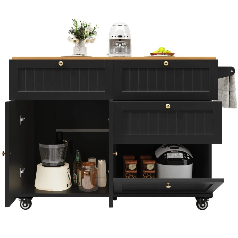 Rolling Mobile Kitchen Island Cart with Storage Drawer & Towel Rack, Drop Leaf Breakfast Bar, 121x70x88 cm, Black
