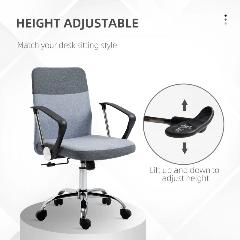Vinsetto Grey Linen Fabric Swivel Office Chair - Adjustable Computer Desk Chair with Wheels for Home Study