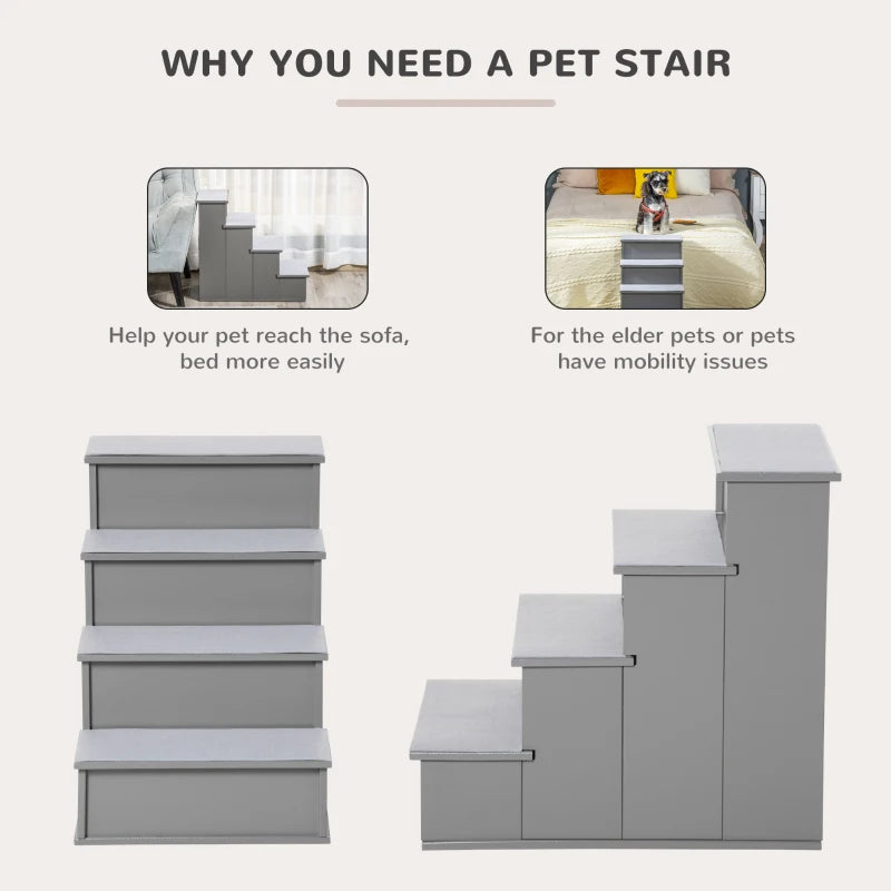 4 Step Wooden Dog Stairs - Non-Slip Pet Ladder for Bed & Couch, Grey, 40x59x54.2 cm - Ideal for Dogs & Cats
