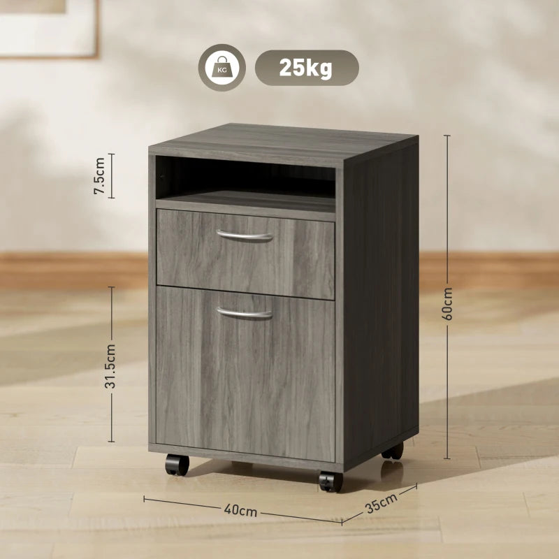 60cm Mobile Filing Cabinet with Drawer & Open Shelf, Grey Office Organizer on Wheels, Ideal for Home & Printer Storage