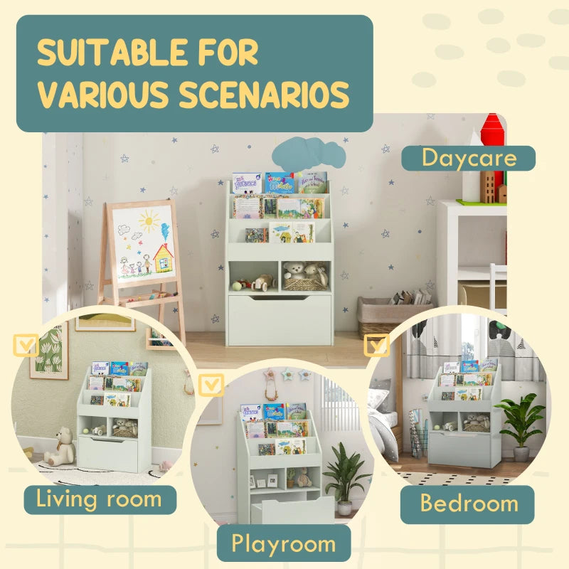 Kids Bookshelf & Toy Organizer with Storage Drawer on Wheels - Green, Perfect for Playroom & Nursery