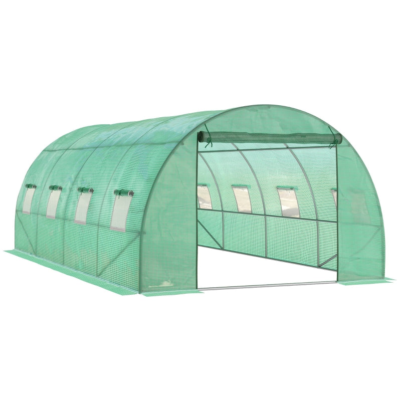 Green Walk-in Garden Tunnel Greenhouse, 6x3M, Roll-Up Door, 8 Windows