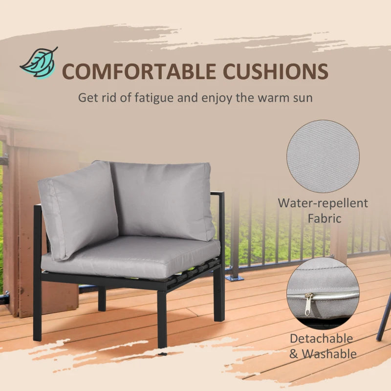 Grey Metal-Framed Garden Corner Sofa With Breathable Mesh Side Pockets