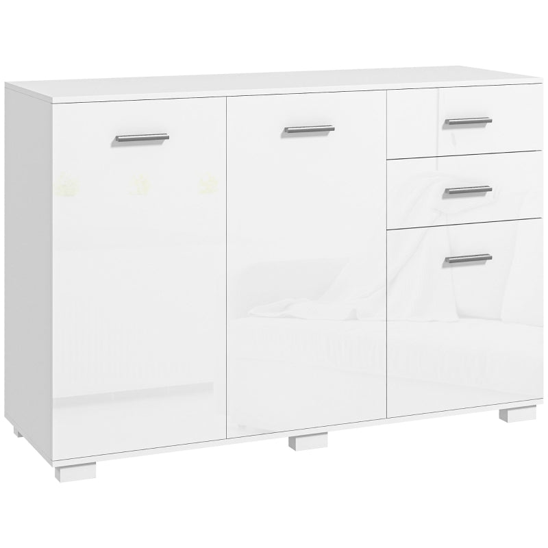 Modern High Gloss White Sideboard Storage Cabinet with Adjustable Shelves and Drawers for Living Room