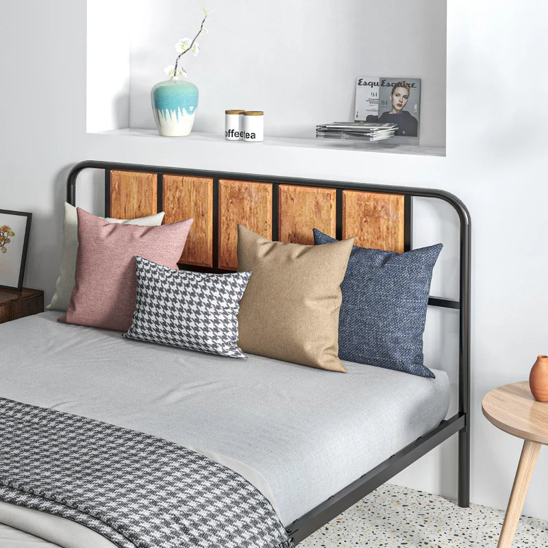 5.2ft King Bed Frame with Industrial Wood Headboard, Steel Slats & 31cm Underbed Storage - Rustic Brown, 160x207cm