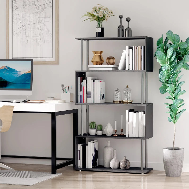Modern S Shape Bookcase - 5 Tier Freestanding Bookshelf for Home Office, Study & Living Room - Black 80x30x145cm