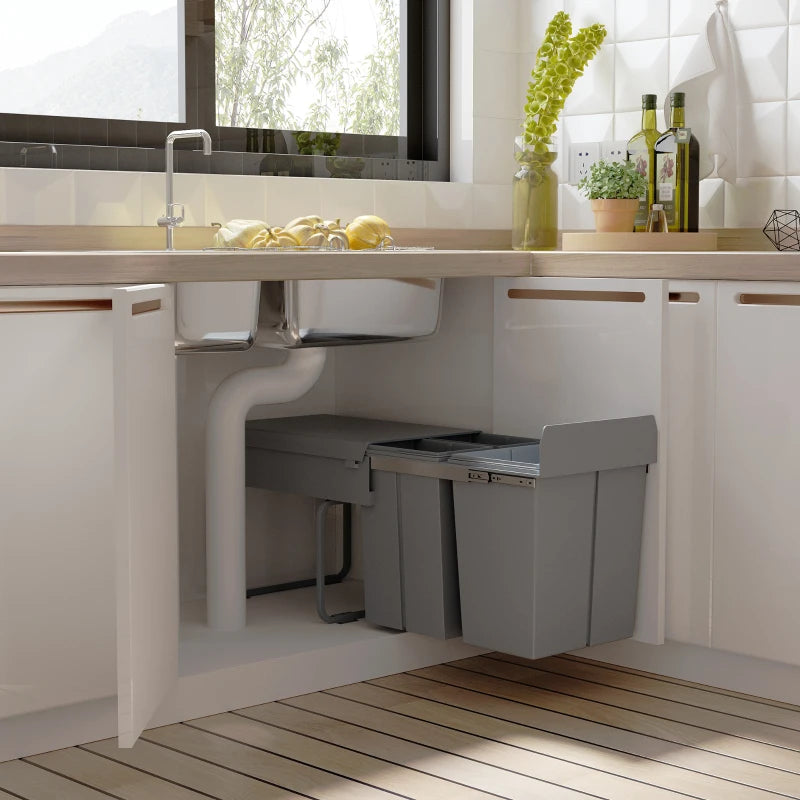40L Pull Out Kitchen Recycling Bin with Soft Close - Grey Trash Can (1x20L + 2x10L) for Cabinets