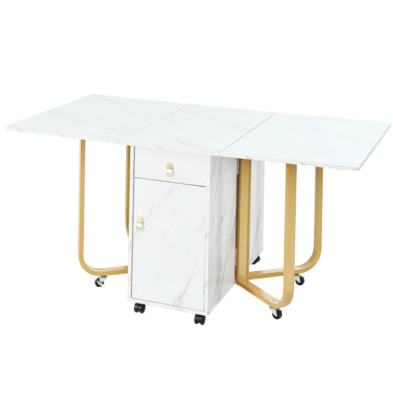 Folding Extendable Dining Table with Cupboard & 2 Drawers - Space-Saving Utility Table on Castors, Adjustable Legs, White/Gold