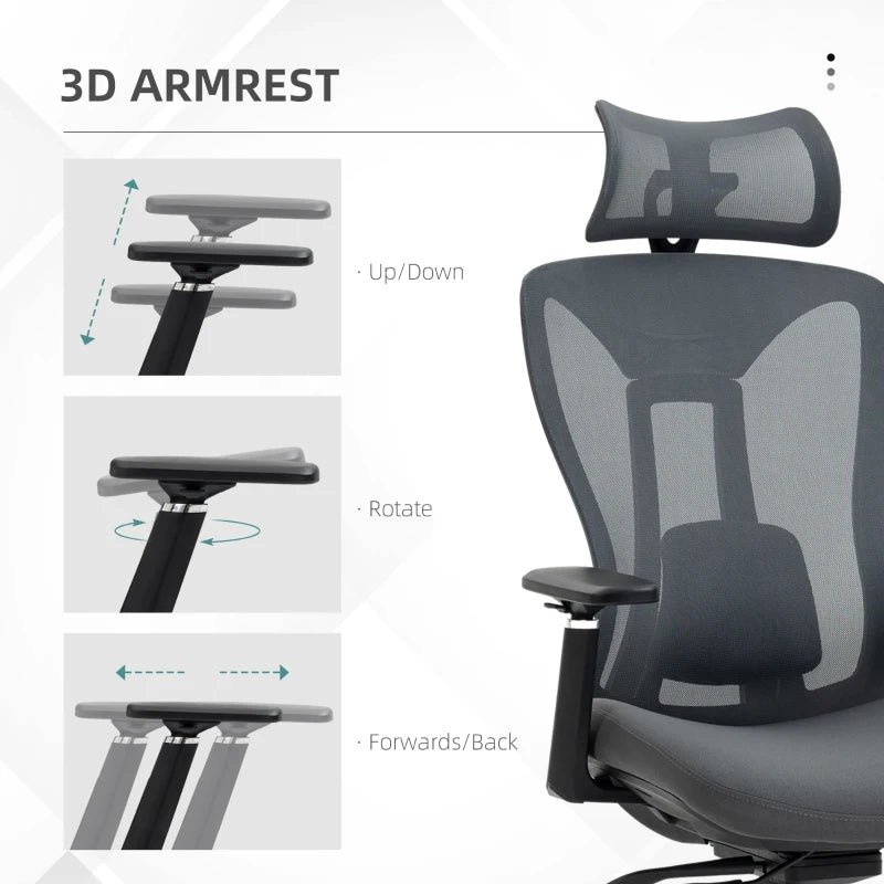 Vinsetto Ergonomic Mesh Office Chair with Adjustable Headrest, Lumbar Support, 135° Recline & 3D Armrests - Grey