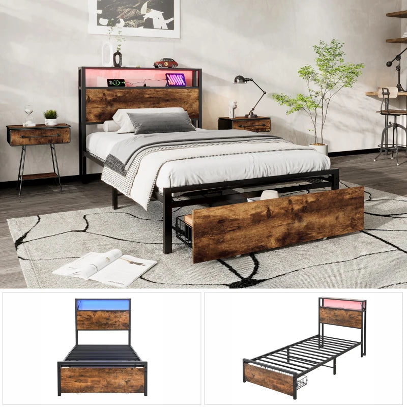 Unique Black Metal Bed with LED Light Strip, USB Ports & Drawer - Modern Bedroom Furniture, 207.5x90.5x105 cm, Dark Walnut Accent