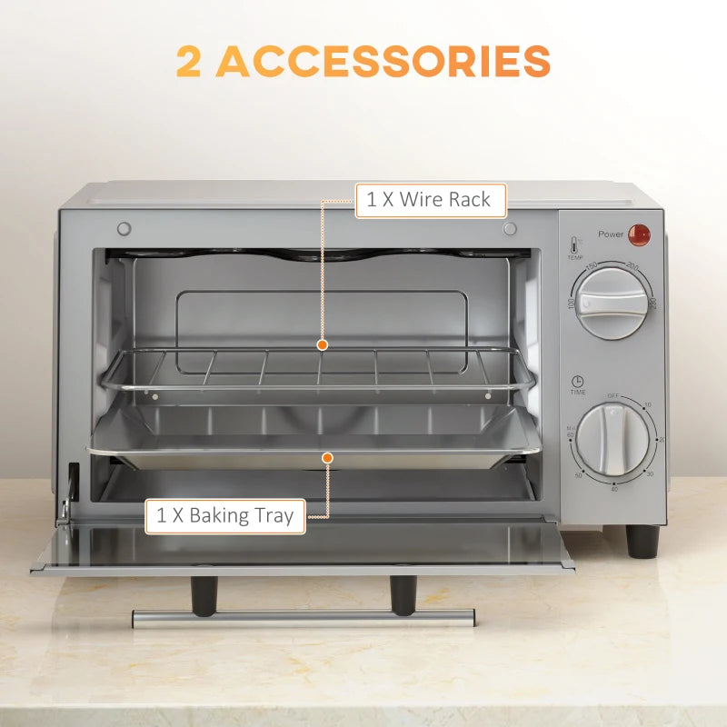 Compact 9L Mini Oven & Electric Grill - Adjustable Temp, Timer, Dishwasher Safe Tray, 750W, Silver Countertop Toaster Oven