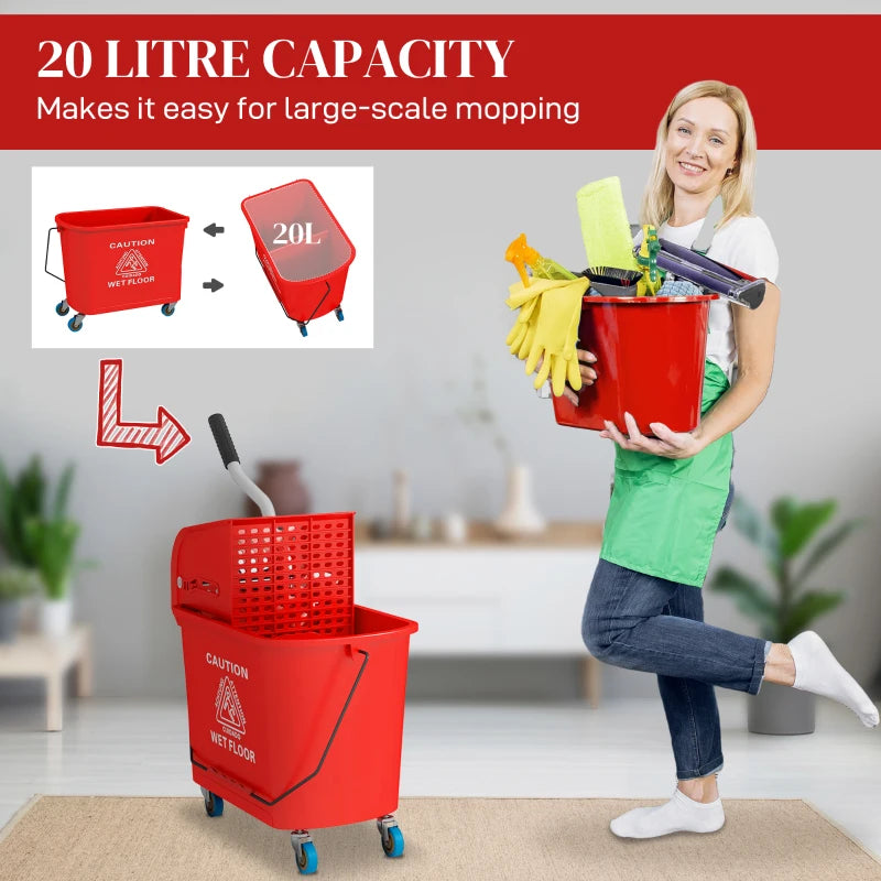 20L Compact Mop Bucket on Wheels with Water Separation Panel - Red | Ideal for Easy Cleaning and Storage