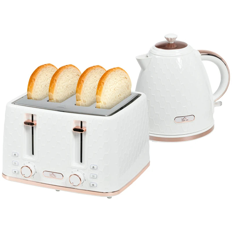 1.7L 3000W Fast Boil Kettle & 4 Slice Toaster Set - White, 7 Browning Controls, Crumb Tray, Kitchen Essentials