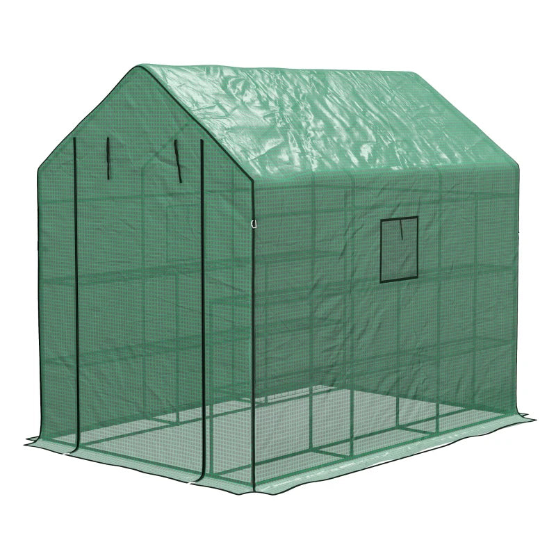 Green 3-Tier Walk-in Garden Greenhouse with PE Cover, Roll-up Door, Mesh Windows - 140 x 213 x 190cm