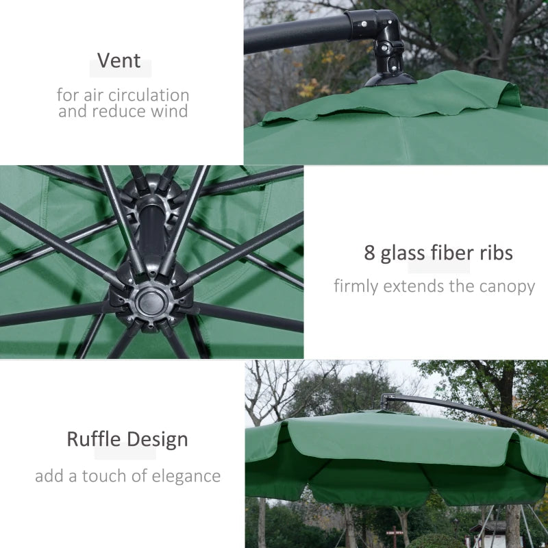 Green Cantilever Garden Parasol with Crank Handle - Outdoor Sun Shade