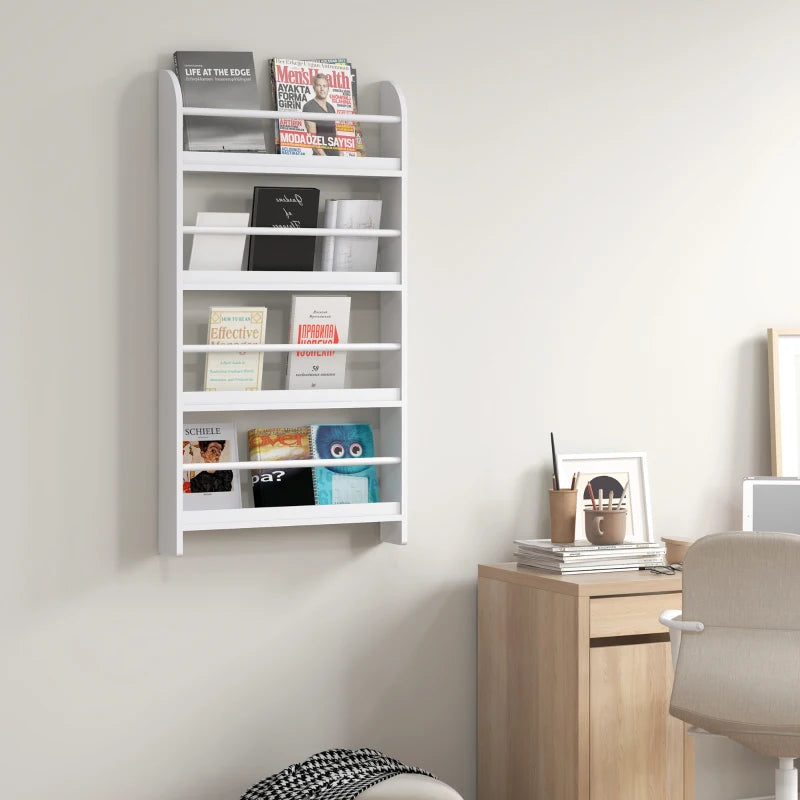 4-Tier Wall Mounted Bookshelf - 15cm Depth Storage Rack for Bedroom, Nursery, Office & Home - White