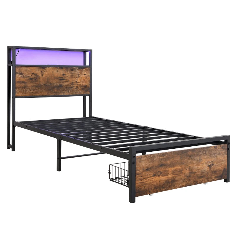 Unique Black Metal Bed with LED Light Strip, USB Ports & Drawer - Modern Bedroom Furniture, 207.5x90.5x105 cm, Dark Walnut Accent