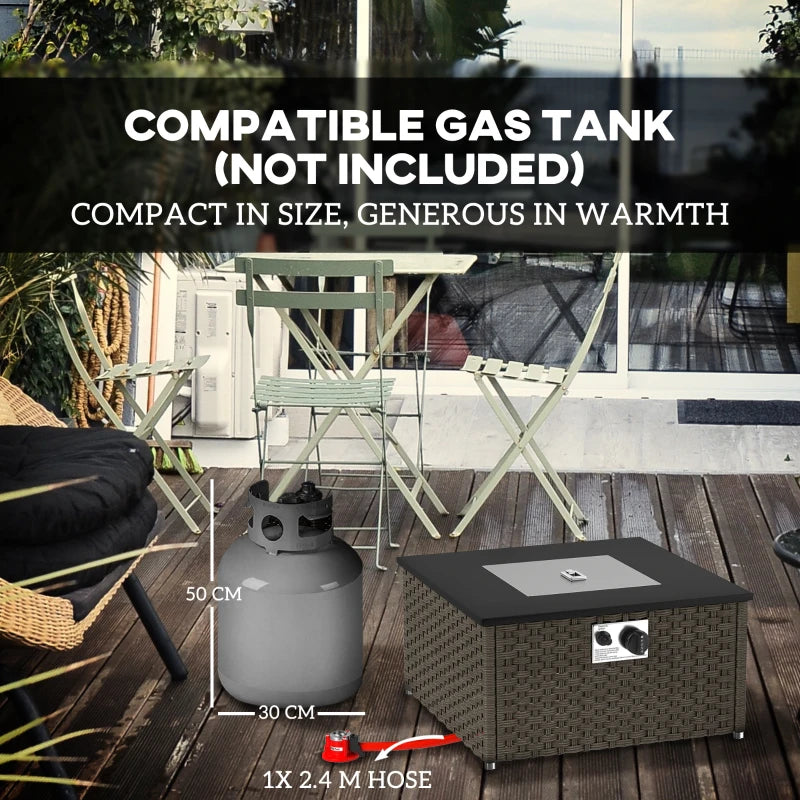 Rattan Gas Fire Pit Table - 13KW Smokeless Propane Heater, Square Outdoor Coffee Table with Lid, 58x58x33cm, Grey
