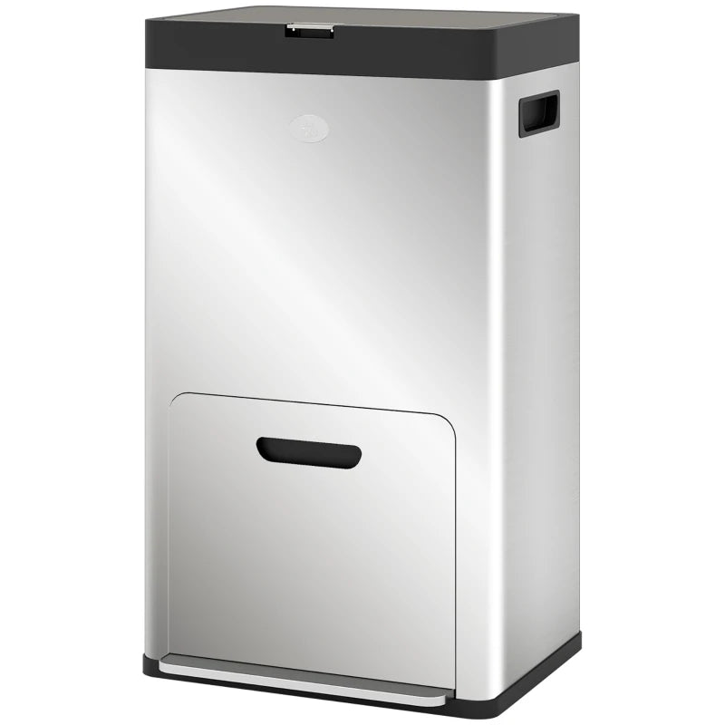 56L Triple Compartment Stainless Steel Kitchen Bin with Deodoriser Holders & Wheels - Stylish Silver Tone Waste Solution