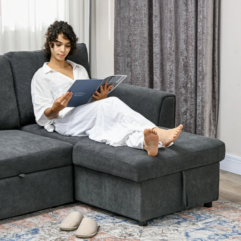 L-Shaped 3-Seater Sofa Bed with Storage – Convertible Click Clack Futon for Living Room, Dark Grey