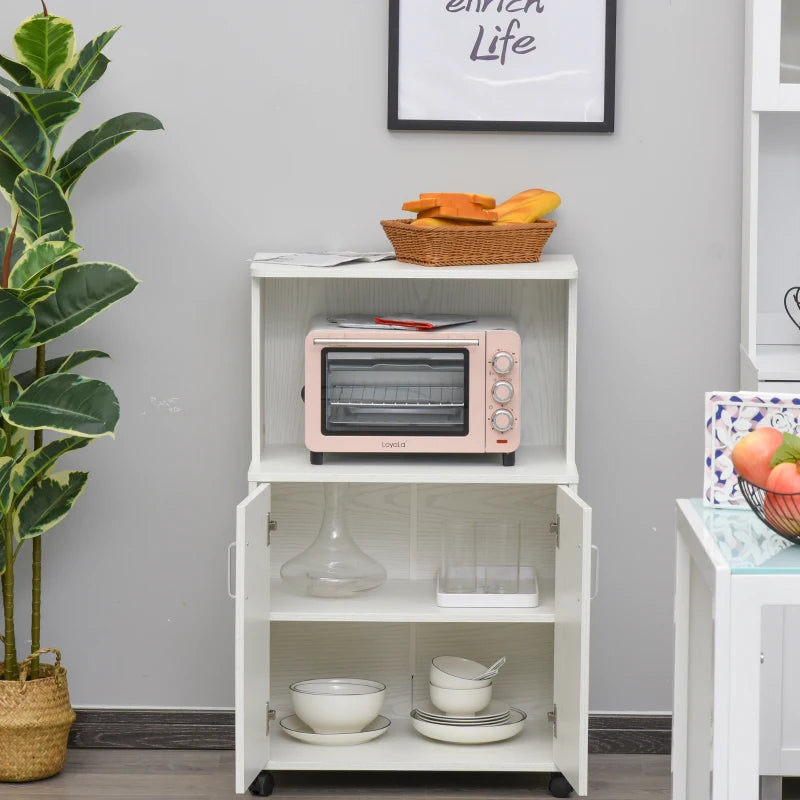 Modern Kitchen Storage Unit - Microwave Stand Trolley Cart with Locking Wheels, Sideboard & Shelf for Living Room/Dining Room - White