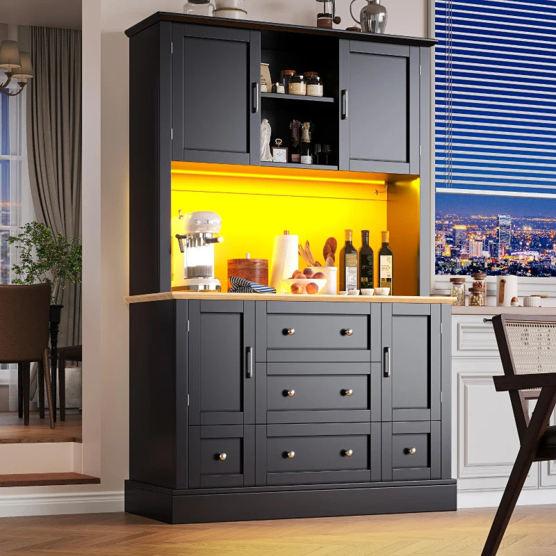 Tall Kitchen Cabinet with Open Shelf & 5 Drawers - Large Storage Cupboard for Dining Room, 115x40x180 cm, Black
