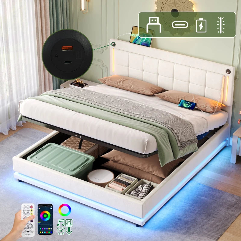 King Size LED Hydraulic Bed with Charging Station Adjustable Tufted Headboard Space Saving Design Beige