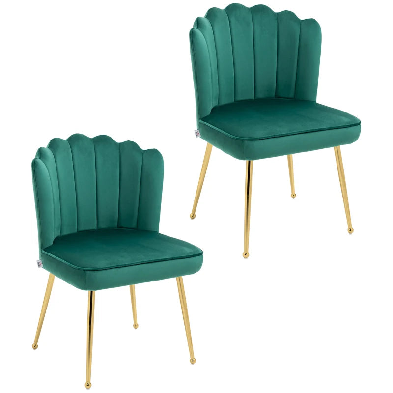 Set of 2 Velvet Upholstered Dining Chairs with Gold Metal Legs, Stylish Lounge Chairs for Kitchen and Living Room, Green