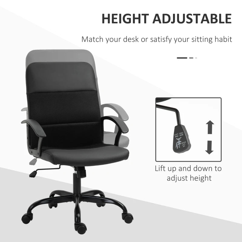 Vinsetto Black Mesh Office Chair - Faux Leather Desk Chair with Swivel Wheels, Adjustable Height & Tilt Function