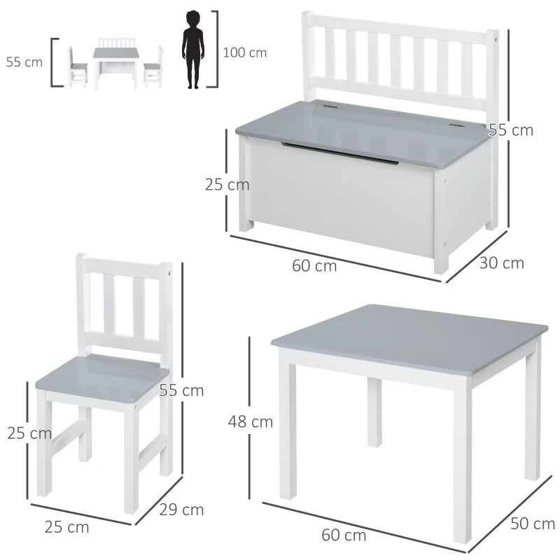 4-Piece Kids Table & Chair Set - 2 Wooden Chairs, Storage Bench, Modern Design, Grey/White - Perfect for Playrooms