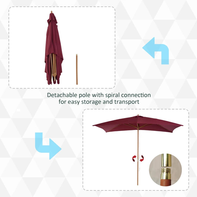 Wine Red 2x3m Wooden Garden Parasol Umbrella