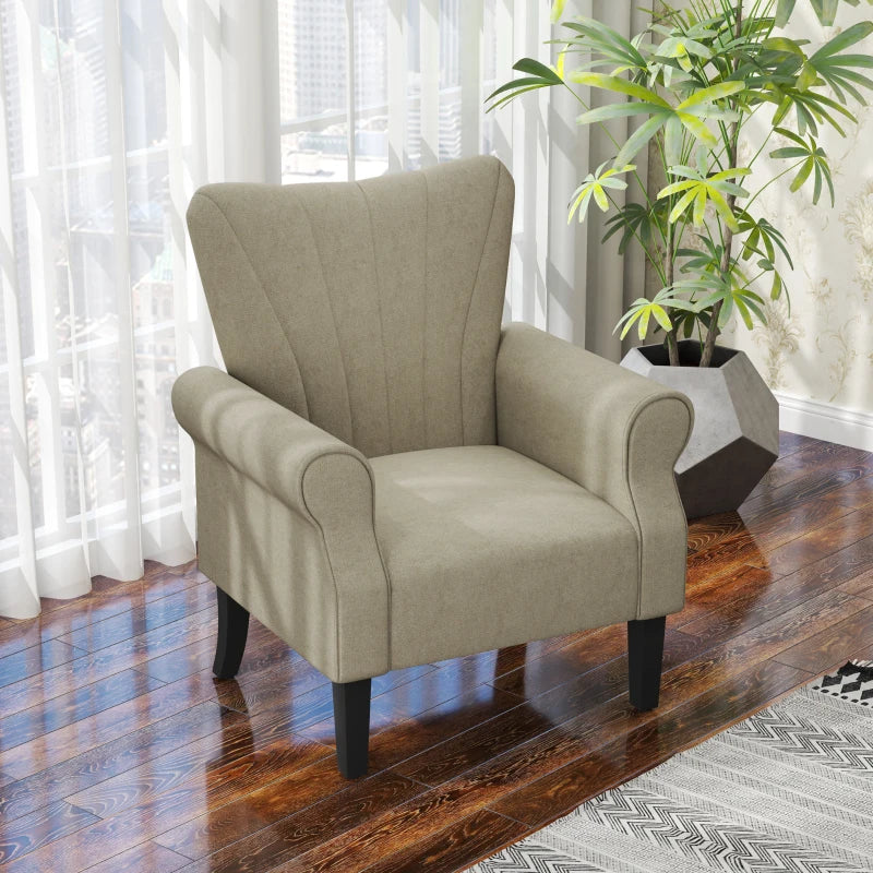Beige Upholstered Accent Chair with Rolled Arms and Wooden Legs for Living Room or Bedroom