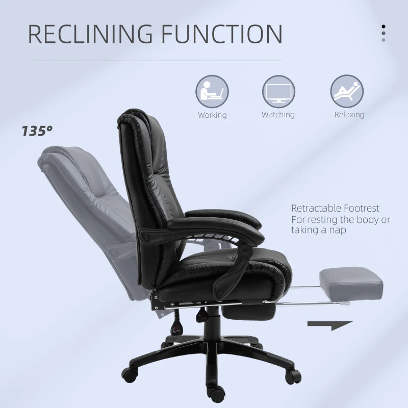 Vinsetto Executive Office Chair - PU Leather Swivel Desk Chair with Footrest, Adjustable Height, Wheels, Black for Home & Office