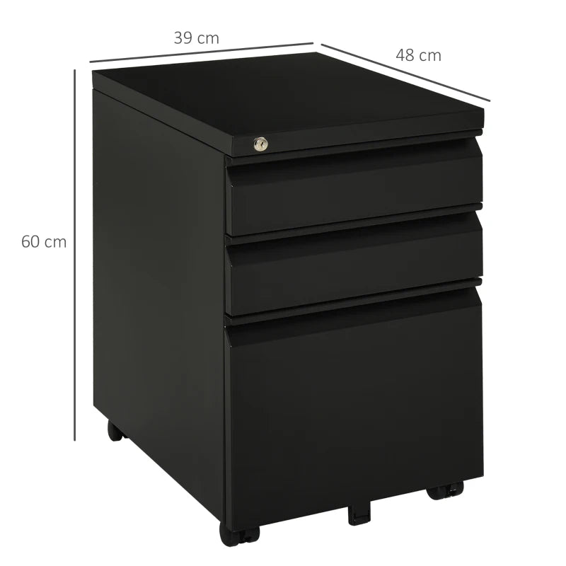 Vinsetto Mobile 3 Drawer Metal Filing Cabinet - Anti-Tilt Design for Letter, A4, Legal Size - Black Office Storage