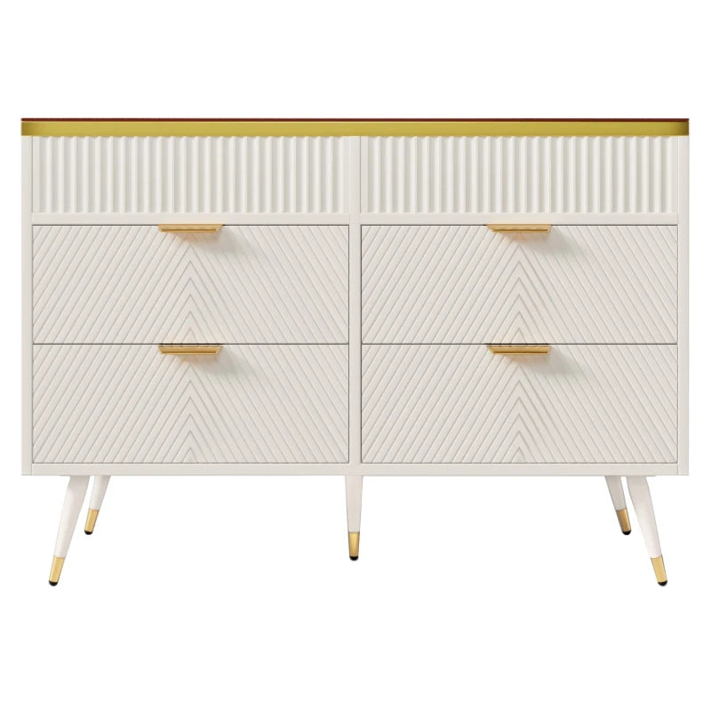 Modern Anti-Tip Sideboard Cabinet with 6 Drawers - Amber Glass & Wood Storage Chest for Living Room - 120x40x76 cm, White