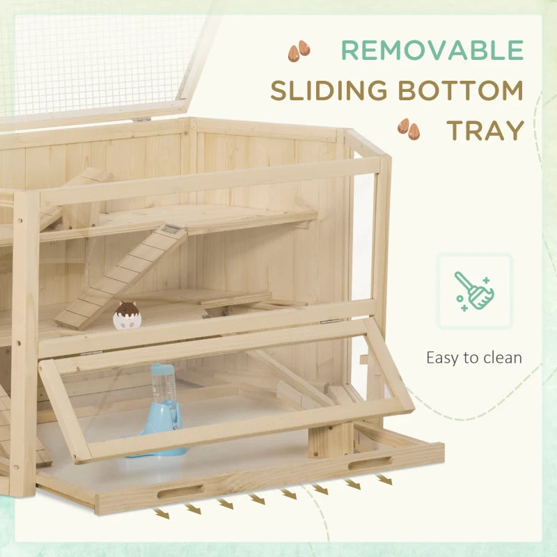 3 Tier Large Wooden Hamster Cage with Sliding Tray, Seesaws & Water Bottle - Natural Habitat for Small Pets