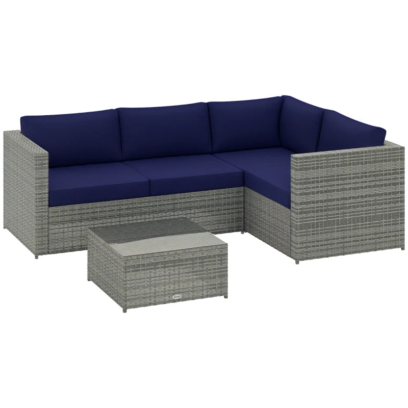 3 Piece Rattan Garden Furniture Set with Thick Cushions and Glass Top Coffee Table