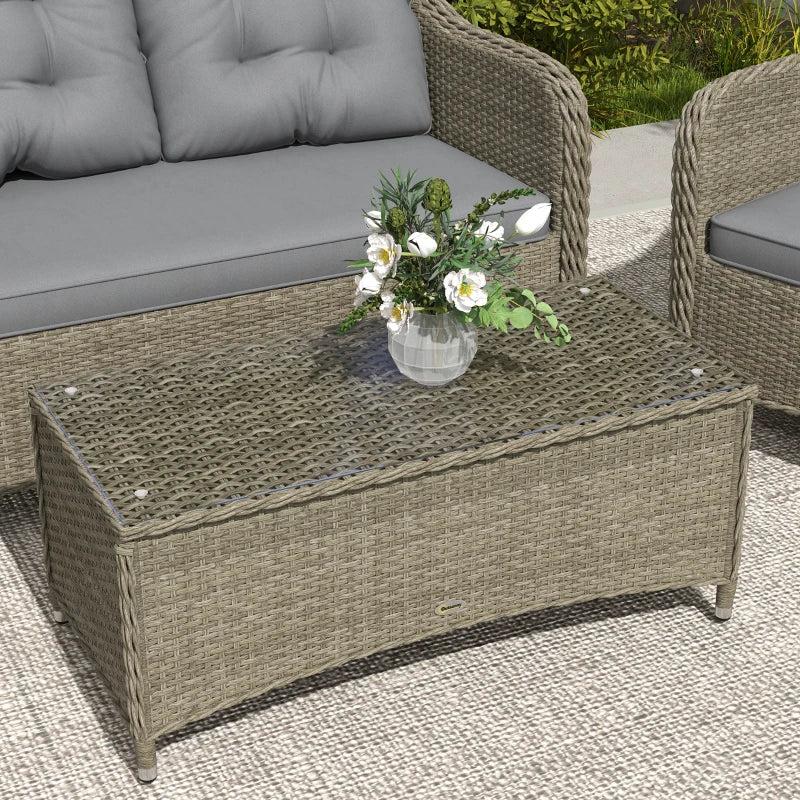 Stylish Light Grey Rattan Sofa Set with Glass Table