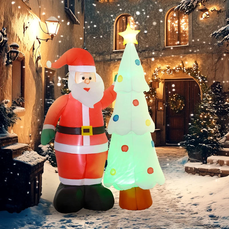 7ft Inflatable Santa Claus & Christmas Tree with Rotating Magic Ball Light - LED Outdoor Yard Decoration for Holiday Parties