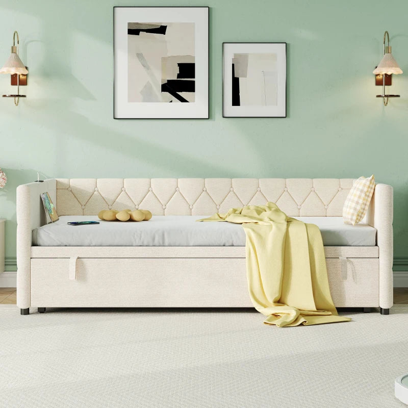 Upholstered Daybed with USB & Type-C Charging Station, Button-Tufted Sofa Bed for Compact Rooms, Beige, 206L x 193W x 71H cm