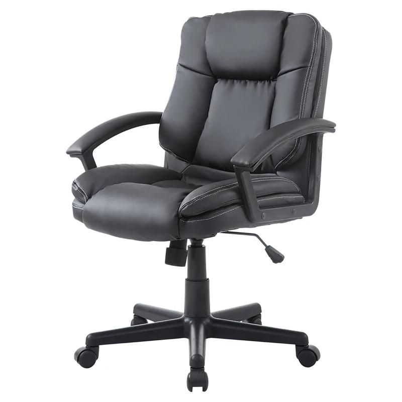Ergonomic PU Leather Office Chair - Adjustable Mid Back Executive Desk Chair with Swivel Wheels for Home & Study, Black