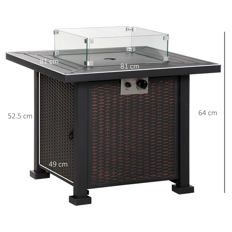 Square Propane Gas Fire Pit Table 50000 BTU - Smokeless Rattan Patio Heater with Glass Screen & Beads, 81cm Black
