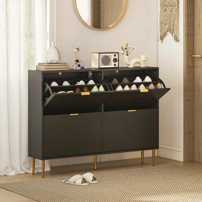 Narrow Black Shoe Cabinet with 4 Flip Drawers for Space Saving Storage