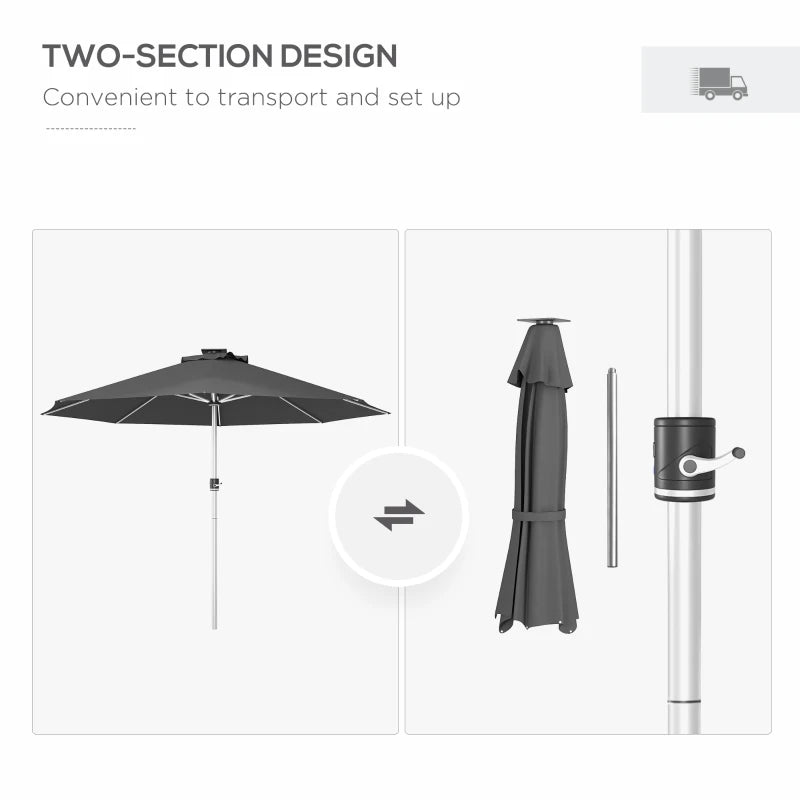 Grey 3m Solar LED Patio Umbrella