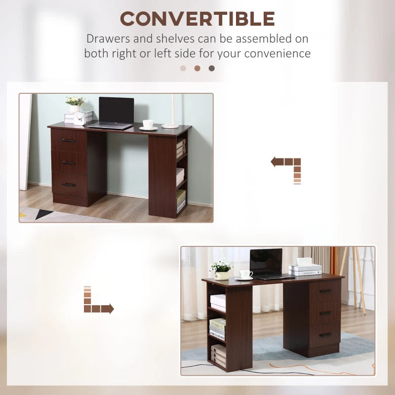 Walnut Brown Computer Desk with 3 Storage Shelves & Drawers - Stylish Writing Table for Home Office, Black Handle